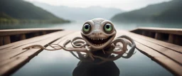 close up on huge dented glowing ghost transparent ant skeleton rat baby snakes wriggling into horizon smiling in fast boat with googly eyes, raised by ninja necromancer in the wild, on wooden bridge by lake in surreal reflecting stone chrome landscape, background motion blur, volume light fog, rays, 4d maze