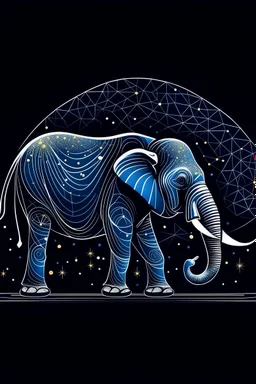 A sleek, silver African Elephant with a single, neon fin, cruising through a starry night sky. Style: Art Deco, Mood: Mysterious and Glamorous, Lighting: Deep blue with neon highlights, T-shirt design graphic, vector, contour, white background.