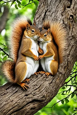 a pair of squirrels in love sleeping snuggling together in a big tree