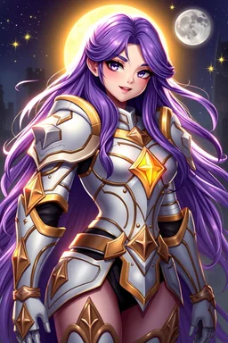 SUPER PRETTY GIRL, WITH A LITTLE WHITE-GOLD ARMOUR, PURPLE LONG HAIRED, NICE EYES, GREATH SMILE, BIG BUBS, NICE BODY, STAY ON DARKNESS CASTLE, STARS SKY, MOON, LEGENDARY WARRIOR, POWERED GIRL, A GOLDEN GLOW AROUND HER BODY.