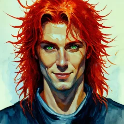 dnd, fantasy, watercolour, stylistic, portrait, illustration, dull colours, male, face, narrow face, green eyes, determined, happy, red hair, very long hair, radiating light, five o'clock shadow