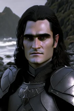 A portrait of Joaquin Phoenix in his early 30s, long beachy haircut, black hair, on a rocky island, in ebony armor from Skyrim, melancholic and dangerous facial expression, half-smiling