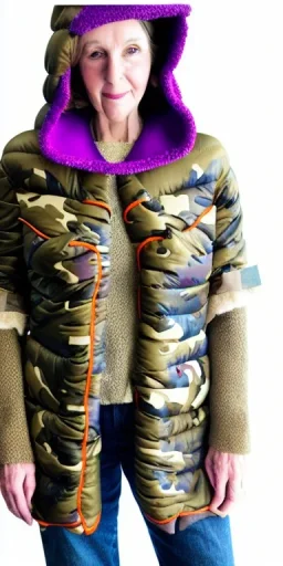 Image shows wholly a Brunette woman. average body type. Mantle is sewed of recycled Denim and sewed together of camouflage pieces. Camouflage colors are orange,terracotta, cream and purple. Cream latex gaiter. More yellow(Munsell)!!!Big bright purple/khaki felt tippet and cream or blue or lilac colored-hood. mantle is merged with satchel. . AKG-style headphones (gold rings!) is merged with small felt cap with small visor. Style: Haute Couture in 1936, Paris fashion in 2023.