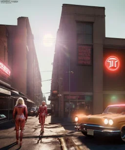 Ultra Realistic retro sci-fi movie Supermarket parking scene, 1960 year, waist up view portrait, 2 clones blonde women, sweet teenager Jane Fonda face, perfect iris, glow eyes, face makeup, tight latex coat, many people, Retro sci-fi style, soft color, highly detailed, unreal engine 5, ray tracing, RTX, lumen lighting, ultra detail, volumetric lighting, 3d, finely drawn, high definition, high resolution.