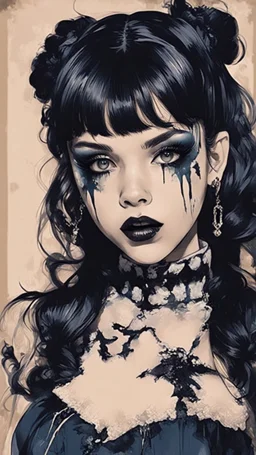 Poster in two gradually, a one side malevolent goth vampire girl face and other side the Singer Melanie Martinez face, full body, painting by Yoji Shinkawa, darkblue and sepia tones,