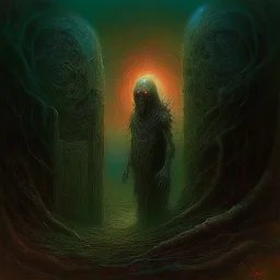 High concept art by Zdzislaw Beksinski, horror movie aesthetic, digital painting, in an empty field a fearsome deep-sea diver who has a television screen on his helmet broadcasting a picture of a grim reaper face guarding a standalone wooden doorway revealing a portal of brilliant light, sinister, creepy, concept art, oddball masterpiece, sfumato, complex contrast