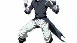 Satoru Gojo is a young guy white hair blue eyes black turtleneck without arms white loose pants in a defensive pose