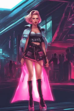 retrowave anime cyberpunk girl, scarlett johanson, furr skirt