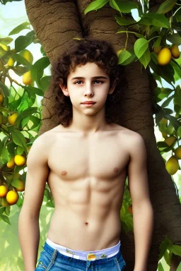 beautiful 12 year old arabic boy with long, white curly hair and light blue eyes, smiling, shirtless, in front of a distant mango tree