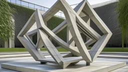 Modernist concrete sculpture featuring an intricate web of intersecting linear elements and angular forms, generating a visually engaging labyrinth of perceptions.