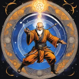 (in the style of Orion, by Masamune Shirow) a Shaolin monk casting a magic spell in the middle of a pentacle, magic is in the air, he cast fire by his hands