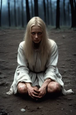 [Excalibur (1981)] young blonde woman knelt on the cold, damp ground, her tear-streaked face a portrait of fear and despair. Bruises marred her delicate skin, evidence of the ordeal she had endured. Her hands were held behind her head in a gesture of submission, a silent plea for mercy in the presence of the towering figure before her.The horned figure loomed over her, a menacing presence cloaked in shadows and mystery. Its cranial facial structure gave it an otherworldly appearance, a being not