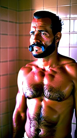 photo of stocky marocan with magnum moustache 40 years old under the shower, hairy chest, big tights, in a old bathroom, misery and poverty, photorealism, 35mm lens, ultra detailed