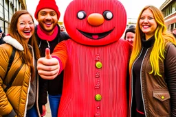 people getting a selfie with the "gingerbread man"