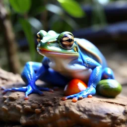 frog eating a nutmeg in blue pants