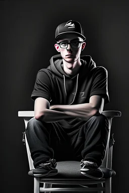 Digital art for a young white man with a eyesglasses and black new balance cap in photo setion sits on a chair and talks to the camera