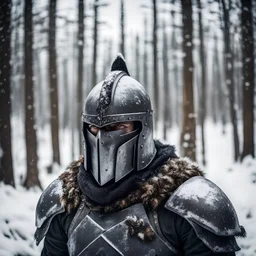 head photo of a strong warrior man wearing an iron knight helmet, full face cover, extreme cold stormy and windy weather, cold forest tundra, cinematic and dramatic photo, EXTREME snowy and ruthless environment