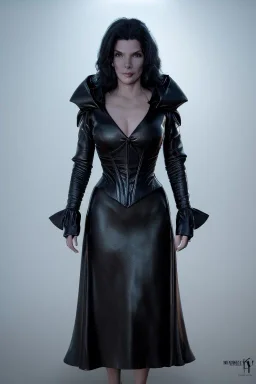 Young Sandra Bullock as evil queen in black leather gown, angry, busty, curvey, cleavage, unreal 5, octane render,cinema4d, dynamic lighting, dramatic lighting, 4k, redshift render, highly detailed, hyper realistic