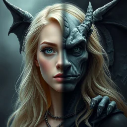 a portrait of a fantasy person. One half of their face is an attractive blonde woman in the day, the other a gargoyle statue at night