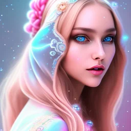 beautiful, soft, big smile face, whole head, long straight blonde hair blues eyes, crown on the head, clothing in transparent bluish and pink veil, background brillante bluish and pink, hight definition, 8K