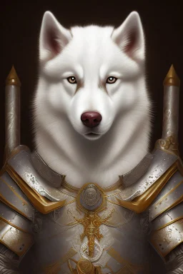 photorealistic cute white husky knight, hyperdetailed painting, luminism, Bar lighting, complex, ancient greek clothes, messy brown old clothes, 4k resolution concept art, Artgerm, WLOP, Alphonse Mucha, 3d render, octane render, intricately detailed, cinematic, awesome full color, hand drawn, dark, gritty, realistic mucha, klimt, cinematic