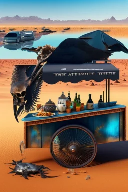 abstract scene of an astraunot in the desert drinking tea, an ice cream stand, broken tricycle,.dead fish, black crow, a cow and a skull, hyper realistic, 8k quality, striking colours, chaos80,