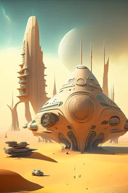 spaceship in an alien desert city surrounded by strange tall buildings