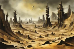 an Yves Tanguy, shattered otherworldly canyon land of twisted wind sculpted forms, arid and windswept harboring the bones of a forgotten civilization, neo surrealism, striking, atmospheric, dreamlike, in the graphic novel style of Dave McKean, photographic collage, watercolor underpainting, 4k