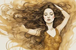 Dynamically dancing long haired brunette woman, in Klimt style, in ochre, watercolor and ink, golden glitters