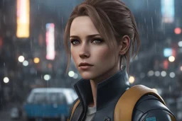 Carla in 8k anime cgi artstyle, Detroit become human them, normal eyes, close picture, rain, apocalypse, intricate details, highly detailed, high details, detailed portrait, masterpiece,ultra detailed, ultra quality