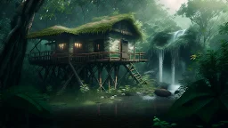 primitiv house by a big water falls in a karstic rain forest