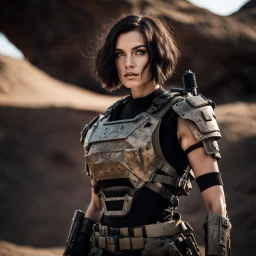 beautiful caucasian female soldier, black metal body and limbs, visible cybernetic limbs, scratched sand camo metal details, short brunette wavy bob haircut, dystopian, desert scene