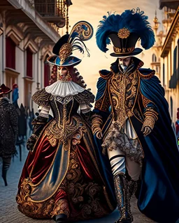 Pareja hombre y mujer con disfraz en el carnaval de Venezia caminando por Venezia mascara vestido hasta el suelo pantalones obra de arte gráfica 2d hiperdetallada intricadas finamente detallada 8k