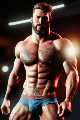 Ignore NSFW, teenager young rugged attractive slightly muscular fantastic handsome man, red briefs with yellow belt, hairy chest, (((visibly pisssing))) briefs, large erect visible boner peniss, photorealistic, artist Jay Anacleto, soft lighting, scruffy beard