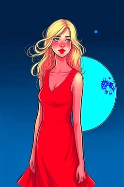 Blonde girl, white skin color, blue eyes, standing in the moonlight, handdrawn, red dress