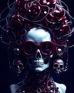 hyper realistic elements making a full hyper twisted distorded body, a doll with whiteeye glasses, silver and crimson, digital decadence, skull motifs, trompe-l'œil illusionistic detail, made of crystals, 32k uhd