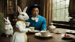 [very impressive high res masterpiece in Kodak Eastman 5247, by Stanley Kubrick] Donnie Yen with a rabbit outfit taking tea with Alice in wonderland