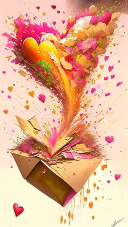 love letter explosion, art, drawing, very realistic, detailed, vibrant colors.