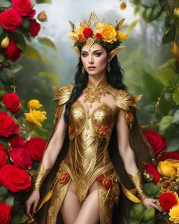 📷💃 length image full body gorgeous pretty super model girl as elven queen,floras crown,high details photo of luxury golden armor color designed made of flora flowers🌹 colors orchids and red,yellow,details color roses 🌹she using accessories luxurious diamonds jewelrys, flowers,surrounded 🌿🌿🌿leaves,so many surrounding butterflies, pretty face beauty colors make up cosmetic,bigbusty,perfect body,green leaves jungles background