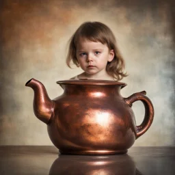 Reflection of a child on an old copper teapot