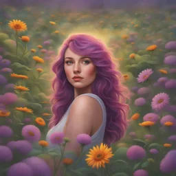 ((best quality)), ((masterpiece)), ((realistic)), (detailed), portrait, With each new sunrise, Hope blooms like a wildflower, Dreams take flight and rise, purple hair, green eyes, stunning gradient colors, no watermark signature, detailed background, insanely detailed, ((masterpiece)), absurdres, HDR