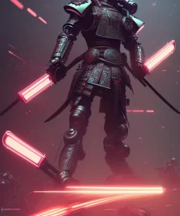 samurai with an army of robots, mdjrny-v4 style, neon, cyberpunk, armor, dystopia, night, photorealistic