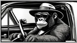 Gorilla wearing thick glasses driving a car. Illustration in the style of Ed "Big Daddy" Roth.