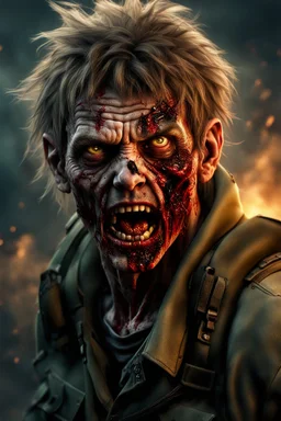 photorealistic, digital image, 12k ultra high definition, highly detailed,cool looking zombie with human features ,he is a wildlife ranger, ripped ranger clothing,nail scratches,wiild hair, close-up action shot of him, mysterious , exploding dramatic and chaotic background