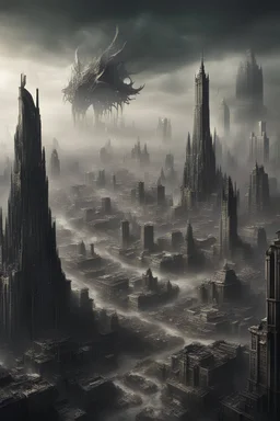 a dystopian city from extreme distance merging with Moloch