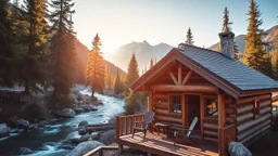 A cozy cabin nestled in the mountains, surrounded by towering pines and a clear, flowing river. The cabin has a wooden deck with a comfortable chair and a small table, perfect for enjoying the stunning view of the snow-capped peaks in the distance. Sunlight warms the cabin. The scene is tranquil and relaxing. Award-winning photograph, beautiful composition, exquisite detail and illumination