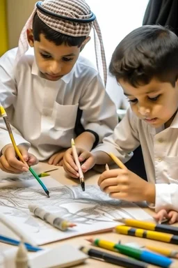 Saudi children playing with drawing tools