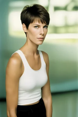 full color Portrait of 18-year-old prude Jamie Lee Curtis, with short, pixie-cut brown hair, tapered on the sides, wearing a black cotton sports bra and short - well-lit, UHD, 1080p, professional quality, 35mm photograph by Scott Kendall