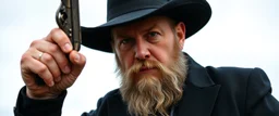 mean looking amish mafia thug with hot dog hand gun