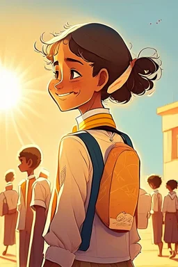 School student, school uniform, Omani, smiling slightly, from behind, school, students, morning, sun,cartoon